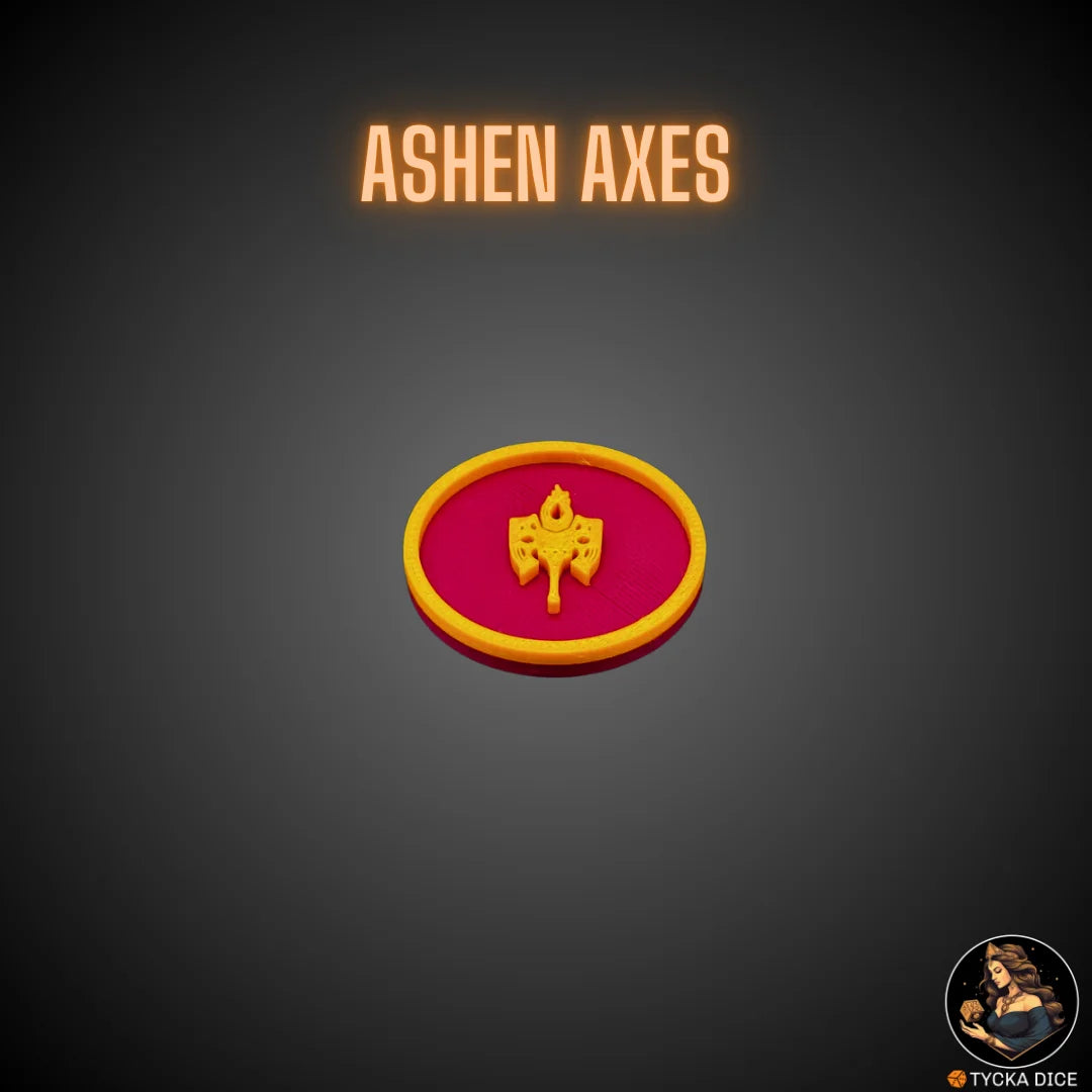 40mm token – Ashen Axes – fiery themed collectible accessory