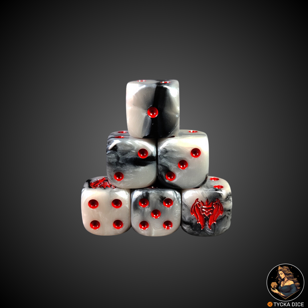 Collectible red-accented grey dice – horror fantasy design