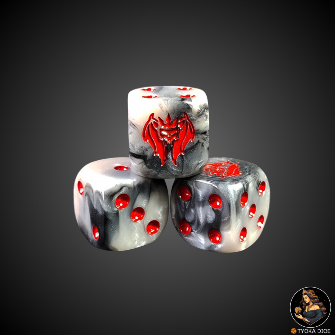 Marbled grey and red resin die – Delirious Carnage Coven (single)