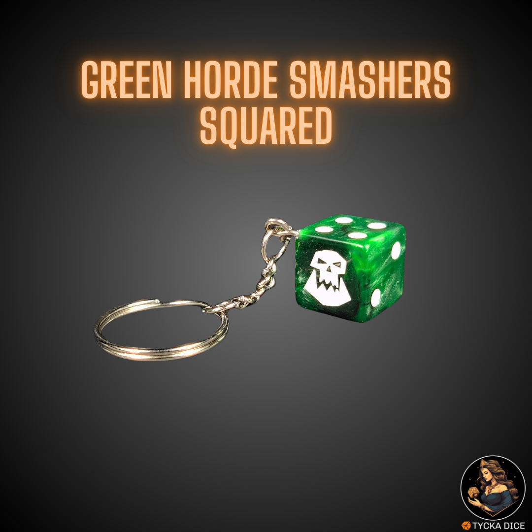 Keychain – squared green and black orc-themed die