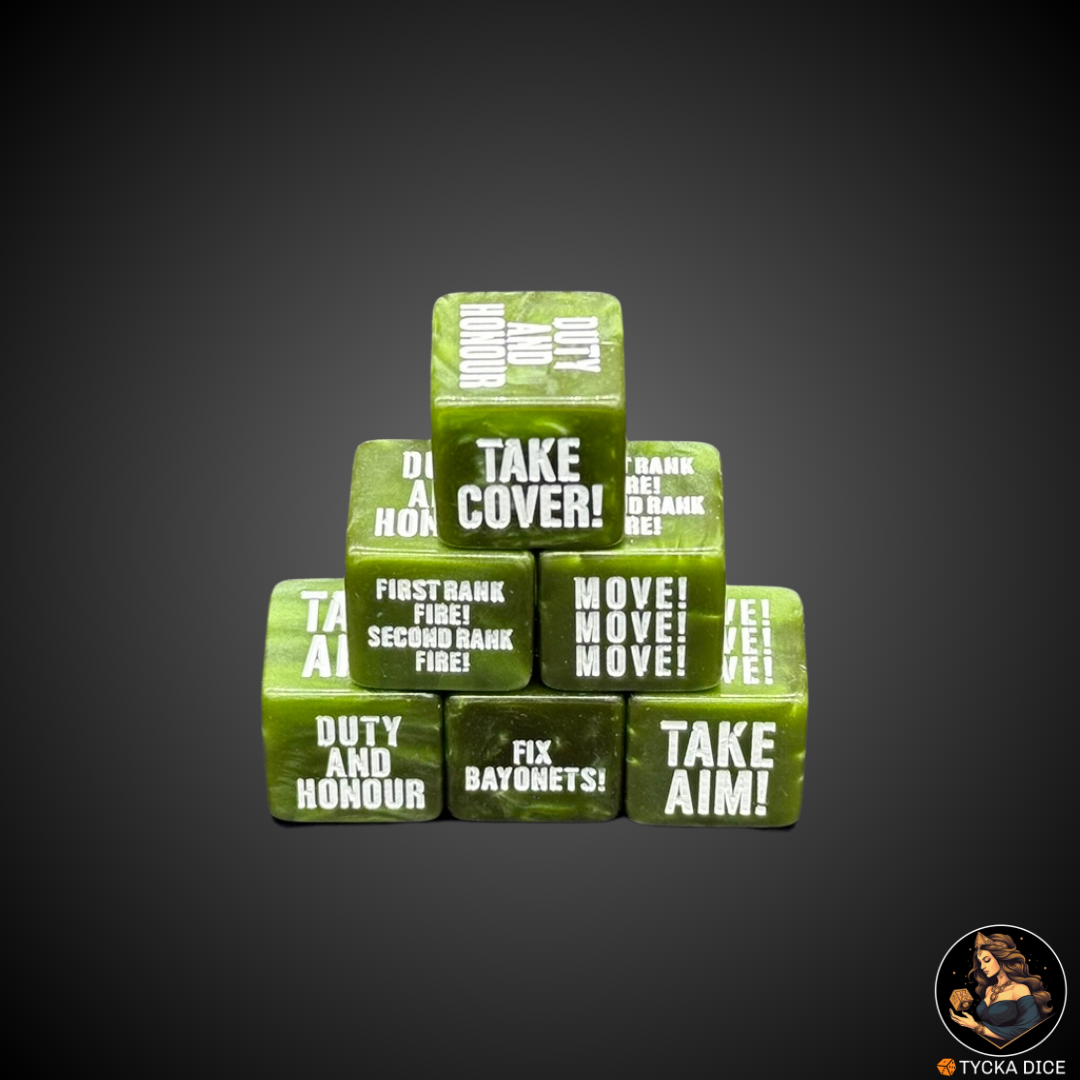 Set of military green dice engraved with combat orders top view