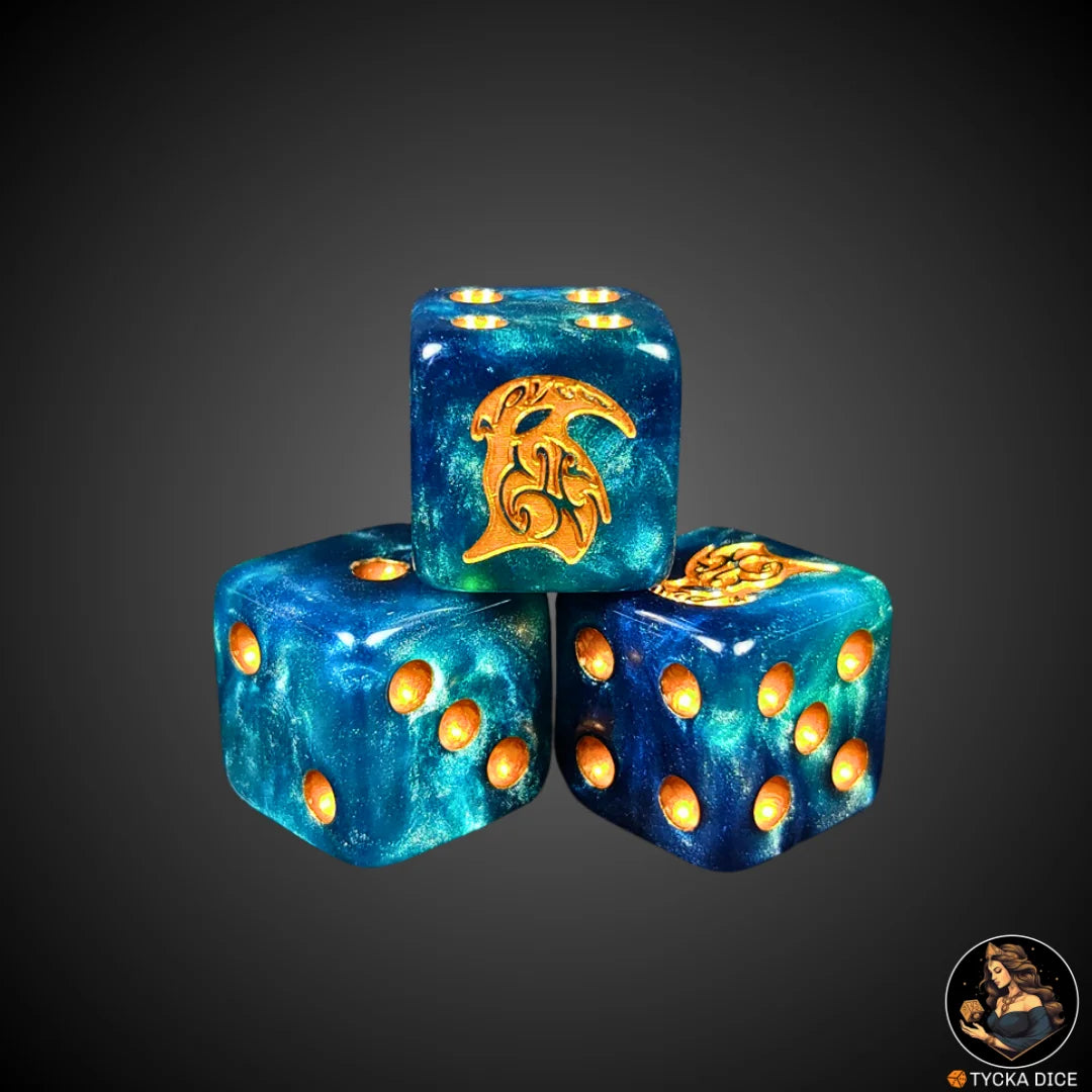 Marbled blue resin die with golden engravings – The Ancient Warriors (single)