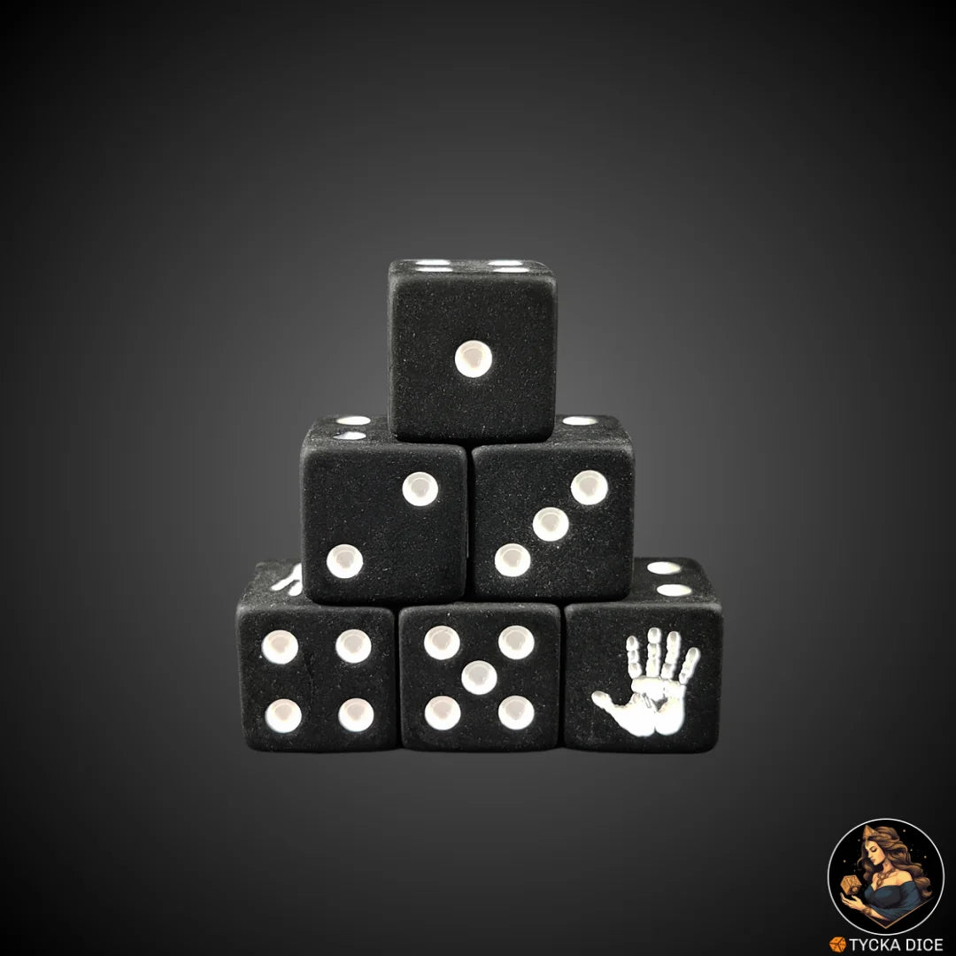 The Hand dice – collectible matte black and white power-themed set