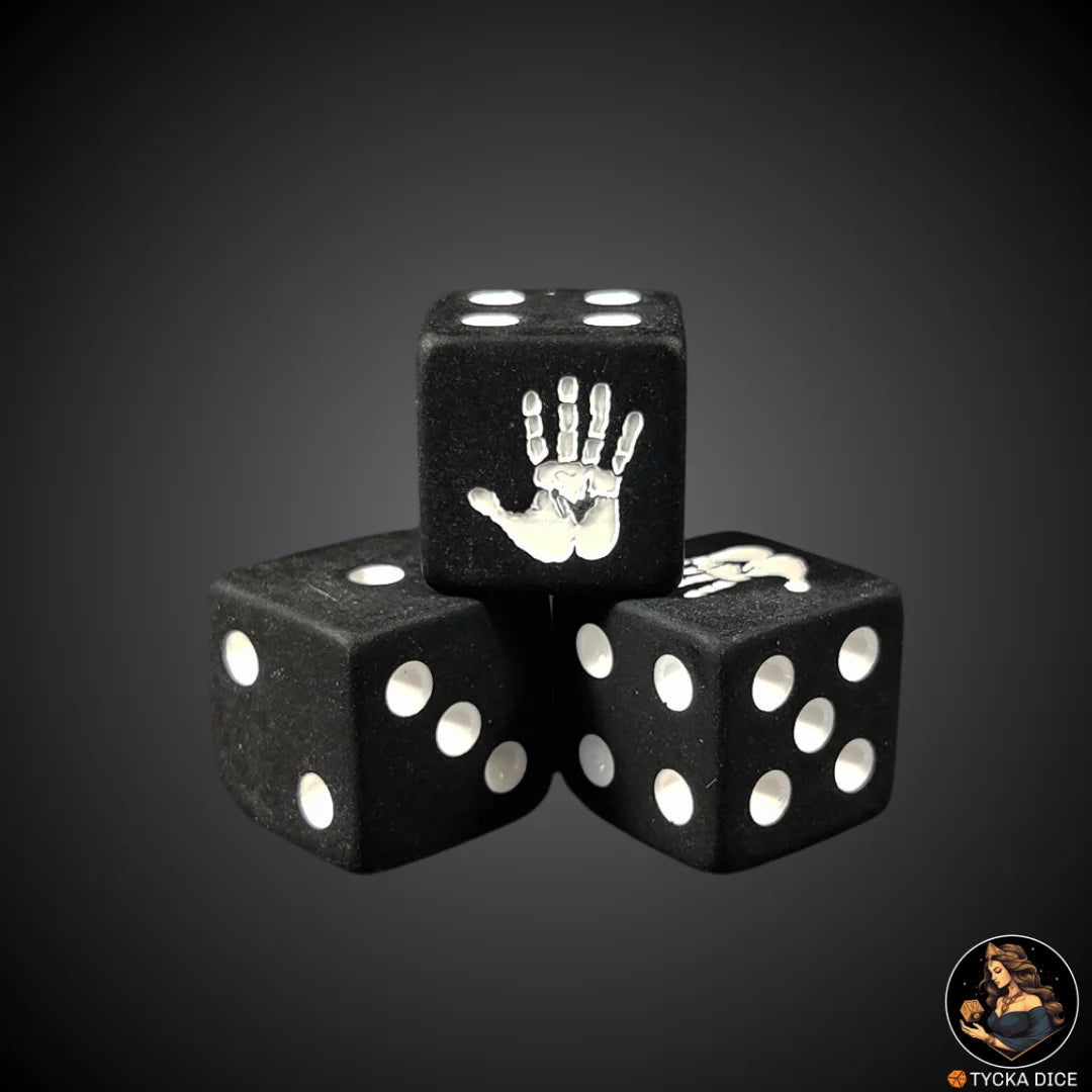 Matte black resin die with white hand engraving – The Hand (single)