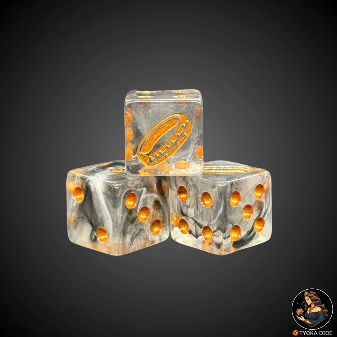Translucent resin die with black and white smoke and gold engravings – The One