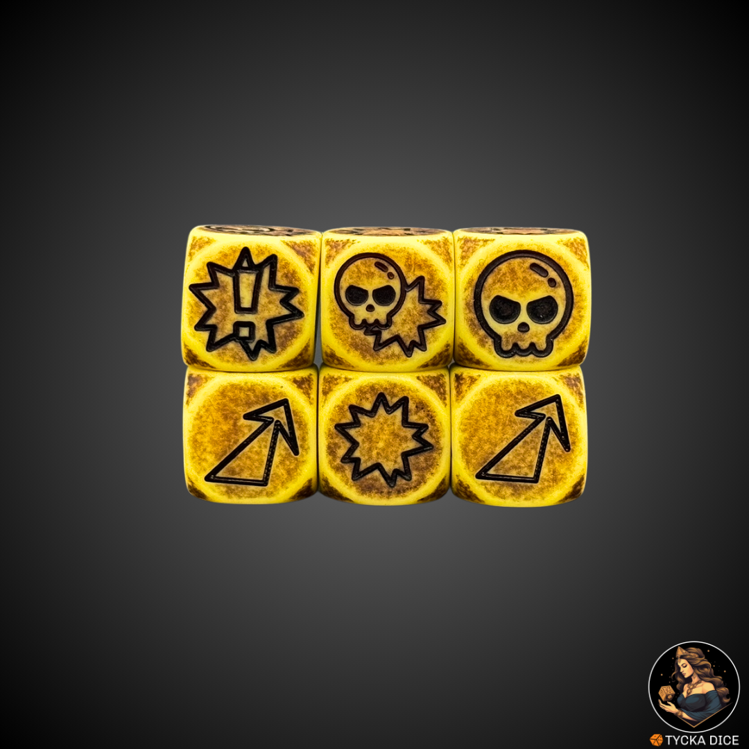 Antique Yellow with Dark Red Engraving Action-themed D6