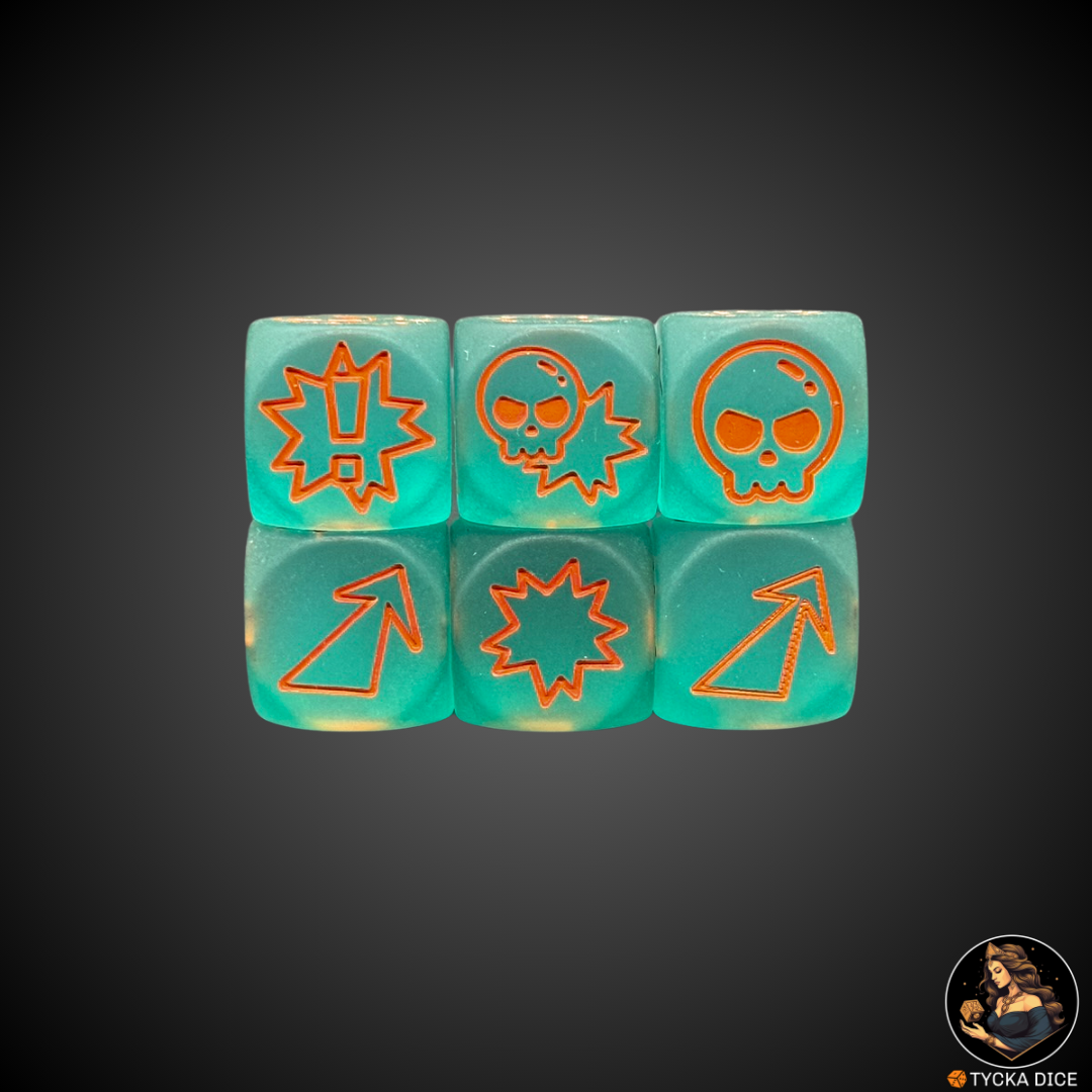 Translucid Matte Turquoise with Orange Engraving action-themed d6