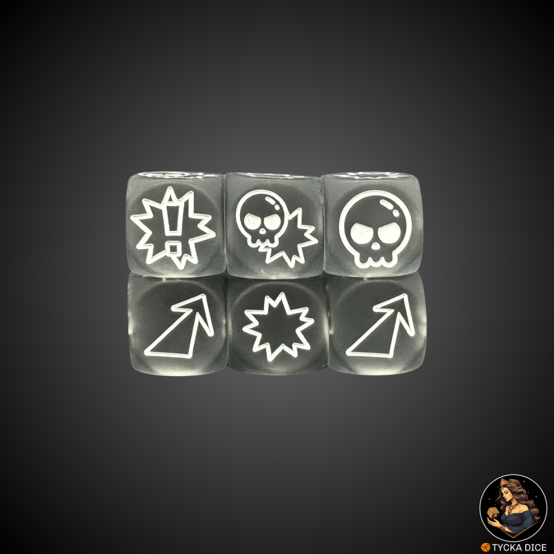 Translucid Matte Grey with White Engraving action-themed d6