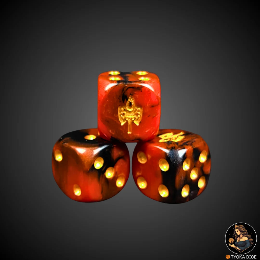 Pearlescent red and black resin die – Ashen Axes (single)