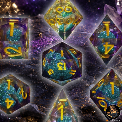 Liquid Core Dice - Azura Mystic Sand RPG Dice Set - Detail | TYCKA DICE