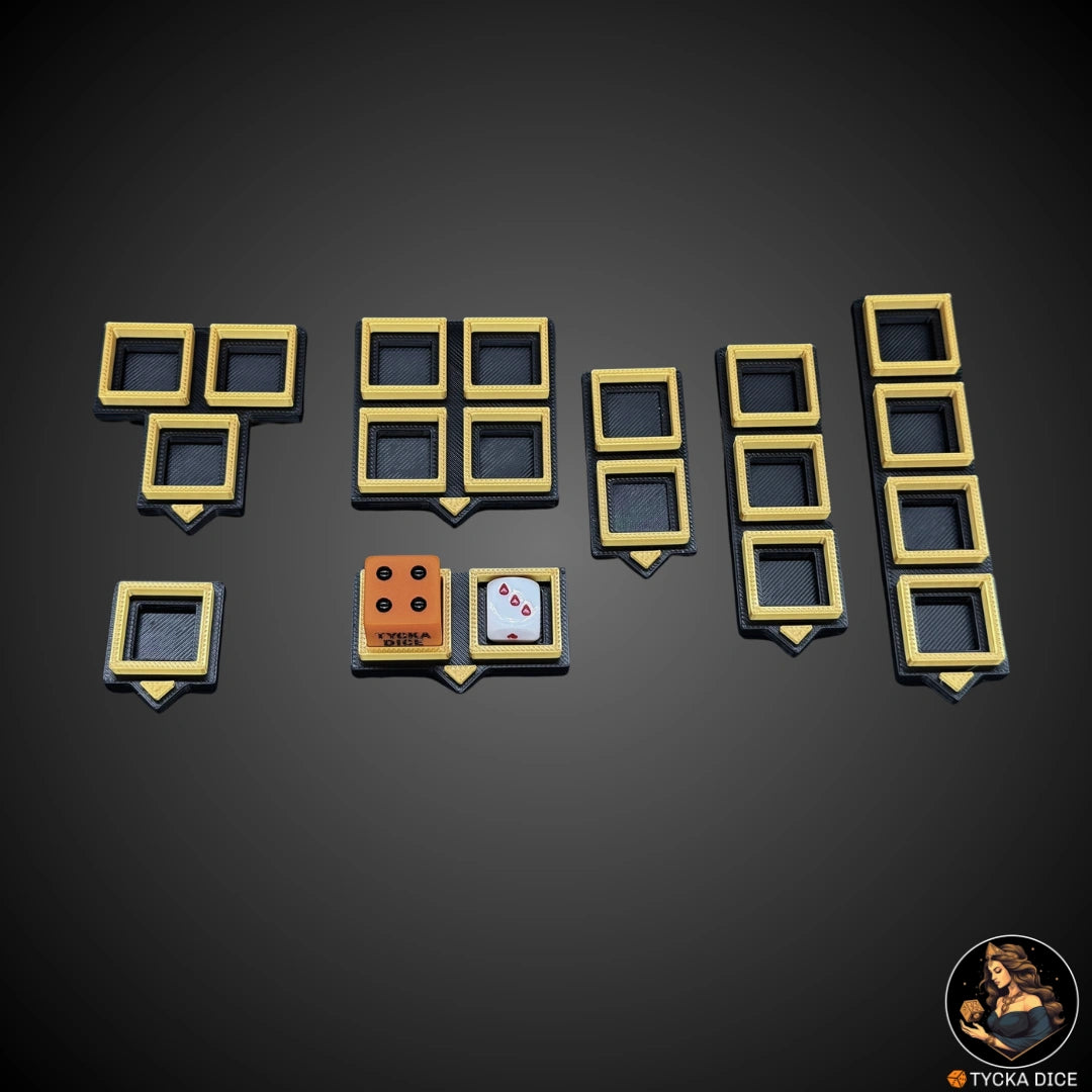 “PLA dice holders with black base and gold rim – wound counters for 12mm and 16mm dice”