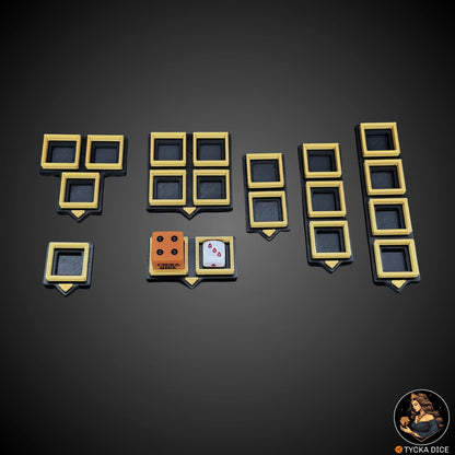 “PLA dice holders with black base and gold rim – wound counters for 12mm and 16mm dice”