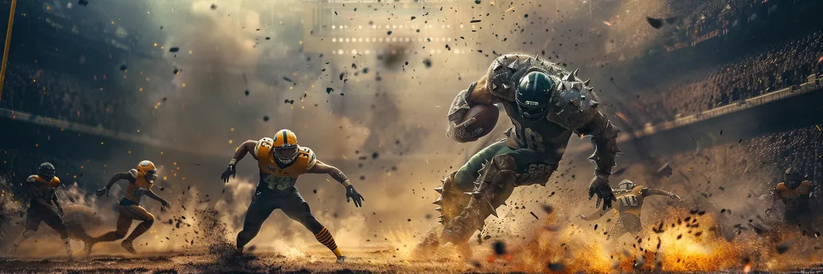 Fantasy football battle between armored warriors in a chaotic stadium, Blix Bowl custom dice theme by TYCKA DICE