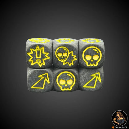 Block dice – Matte black fantasy football dice with yellow engraving
