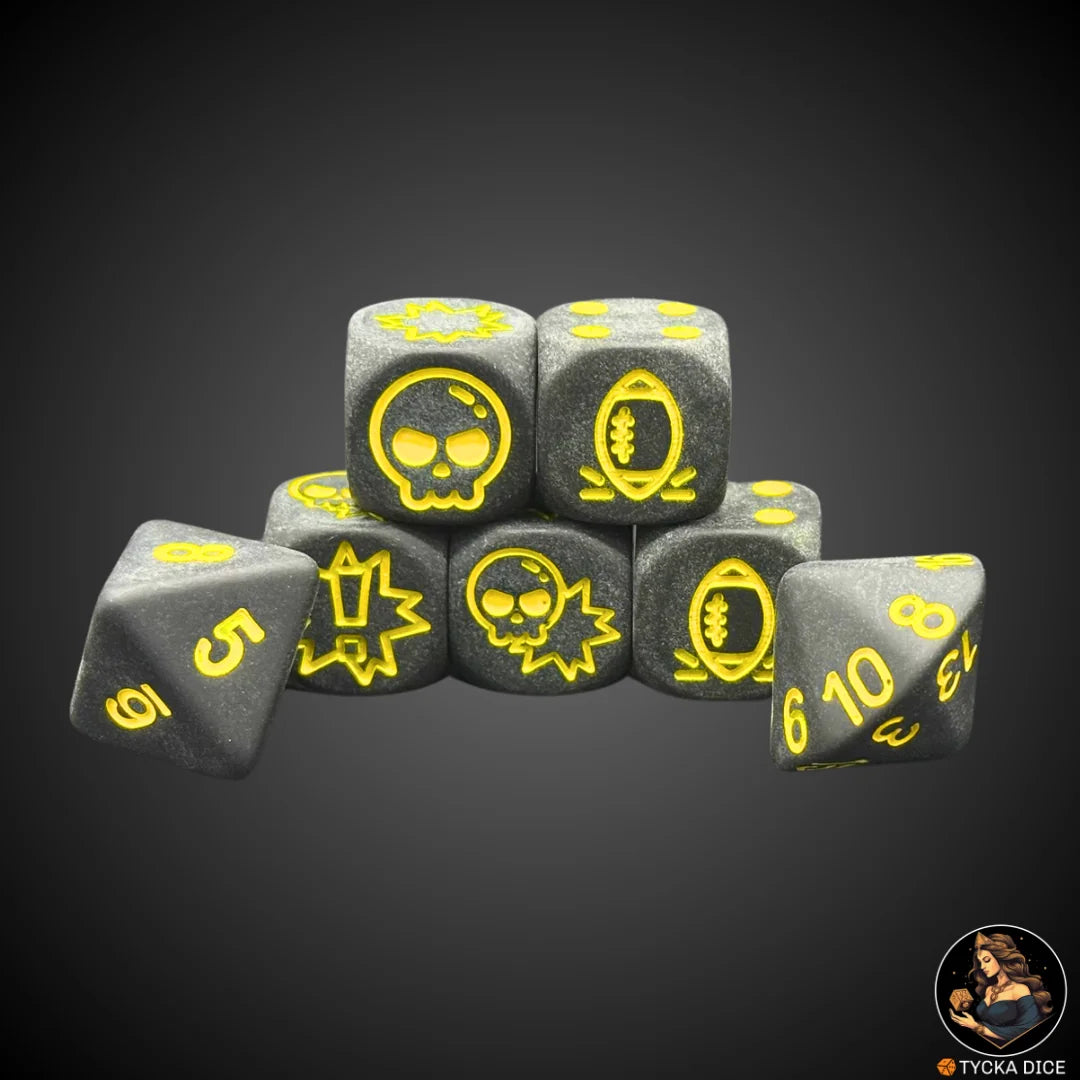 Blix Bowl Dice – Matte Black Yellow – Complete custom fantasy football dice set by TYCKA DICE