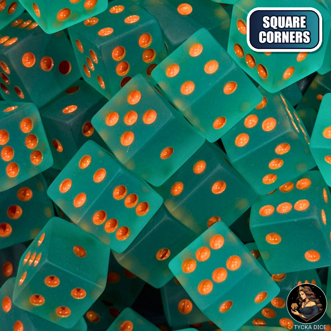CHROMA Aerugo Dice - Square Corners | Frosted Teal & Orange No-Logo D6 | TYCKA DICE