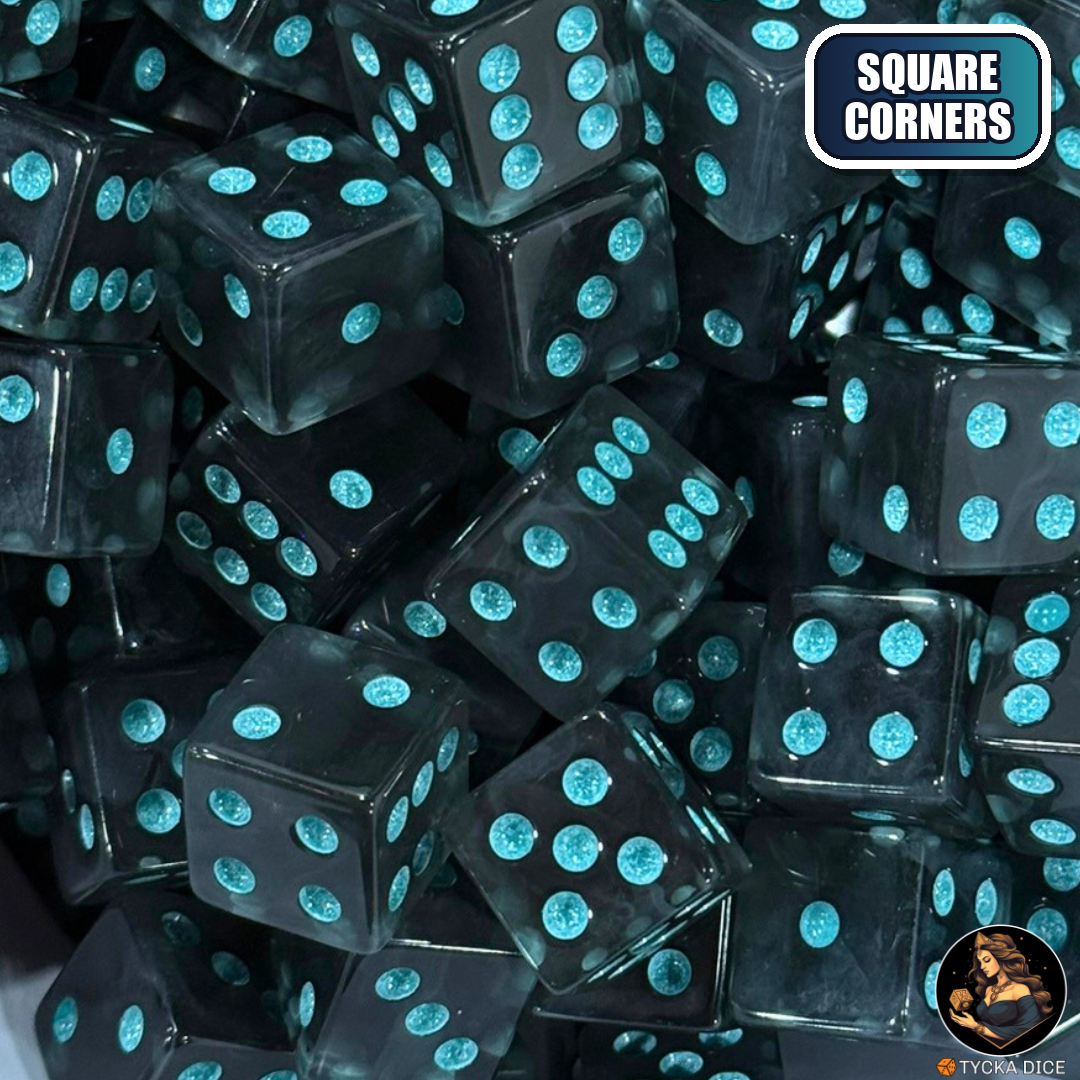 CHROMA Astrum Dice - Square Corners | Glossy Smoke & Aqua Glitter D6 | TYCKA DICE