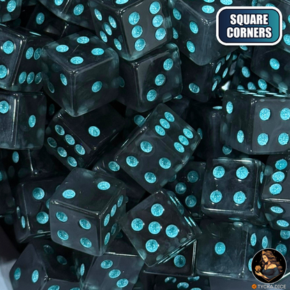 CHROMA Astrum Dice - Square Corners | Glossy Smoke & Aqua Glitter D6 | TYCKA DICE