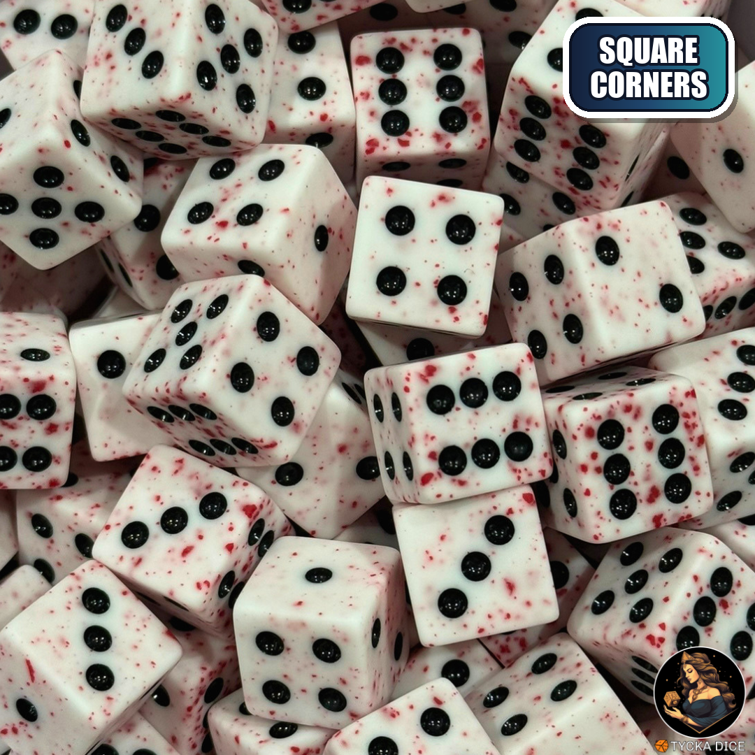 CHROMA Cruor Dice - Square Corners | Blood-Spatter White No-Logo D6 | TYCKA DICE