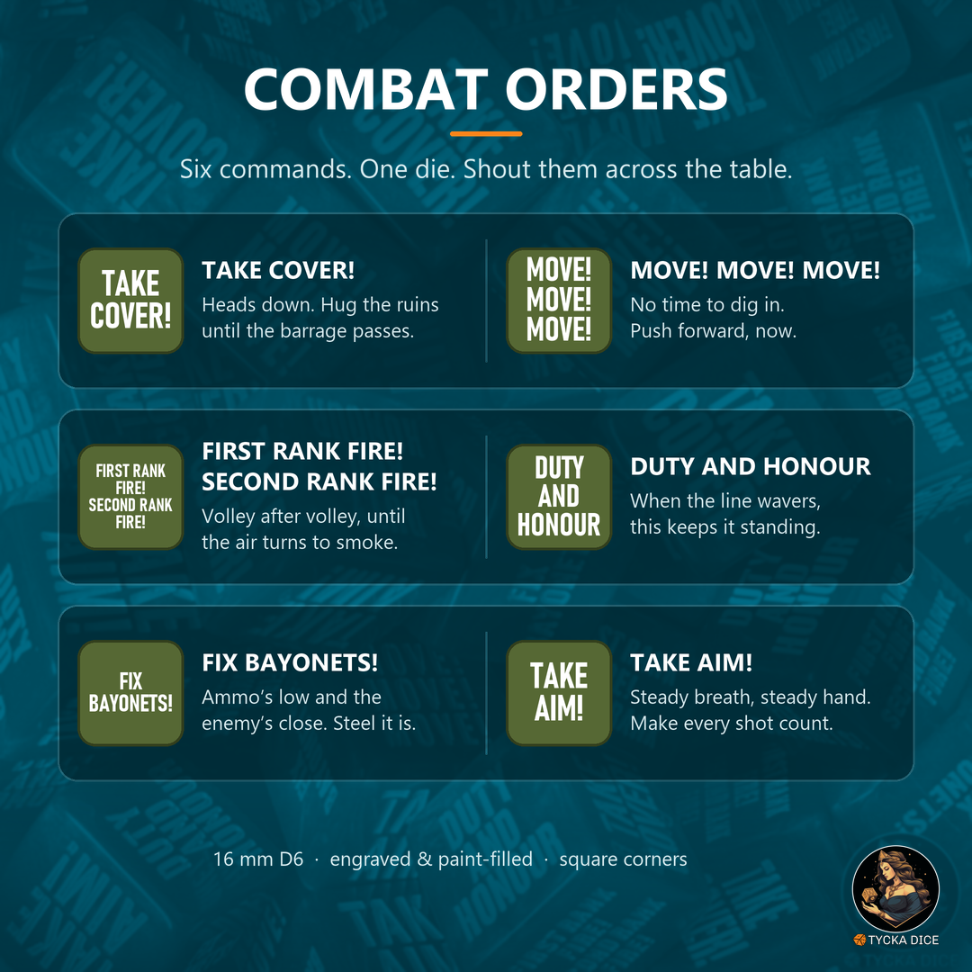 Combat Orders Dice - Face Guide | Six Engraved Infantry Commands D6 | TYCKA DICE