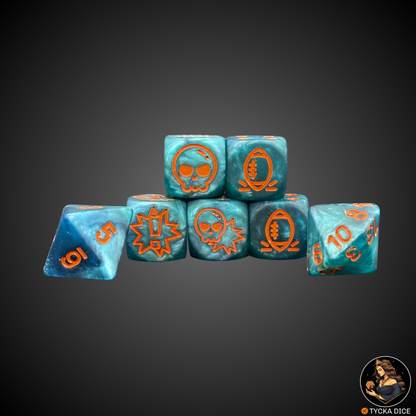 Matte Blue with Orange Engraving football fantasy dice set