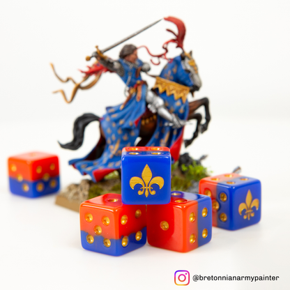Full dice set – Heralds of Lady Lys – Red and blue with bretonnian miniature