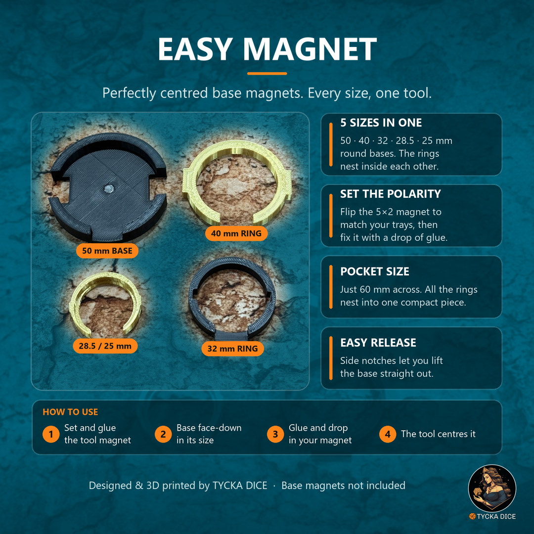 Easy Magnet - Rounded | Modular magnet centering tool for 25-50mm round bases, base and 3 rings | TYCKA DICE