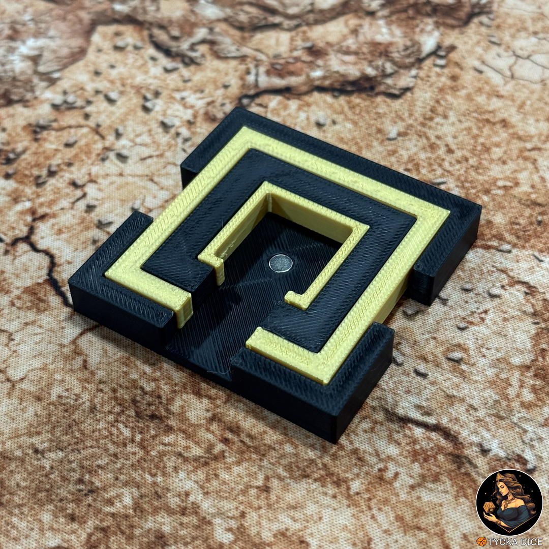 Easy Magnet - Square | Assembled magnet centering tool for square bases in black and gold, angled view | TYCKA DICE
