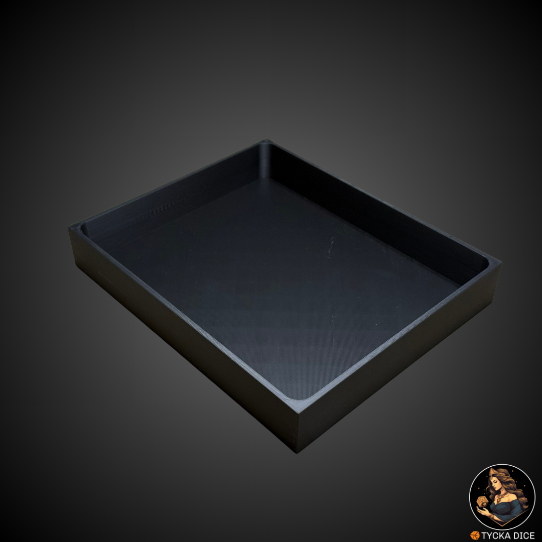 3D modular dice tray made of black PLA with front view, without WarMat