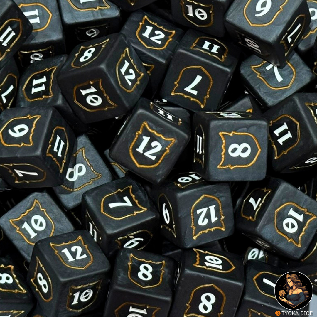 Ascend Die (7-12) — black resin D6 macro view, engraved gold shield and white numbers