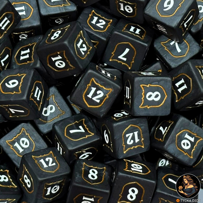 Ascend Die (7-12) — black resin D6 macro view, engraved gold shield and white numbers