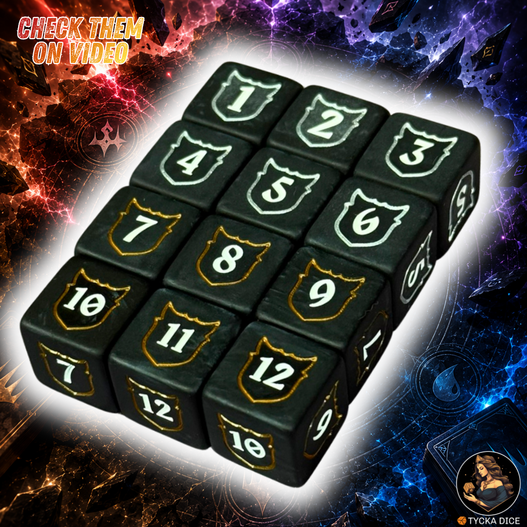 MTG loyalty counter dice — Ignite and Ascend engraved black resin D6 set, silver and gold shield