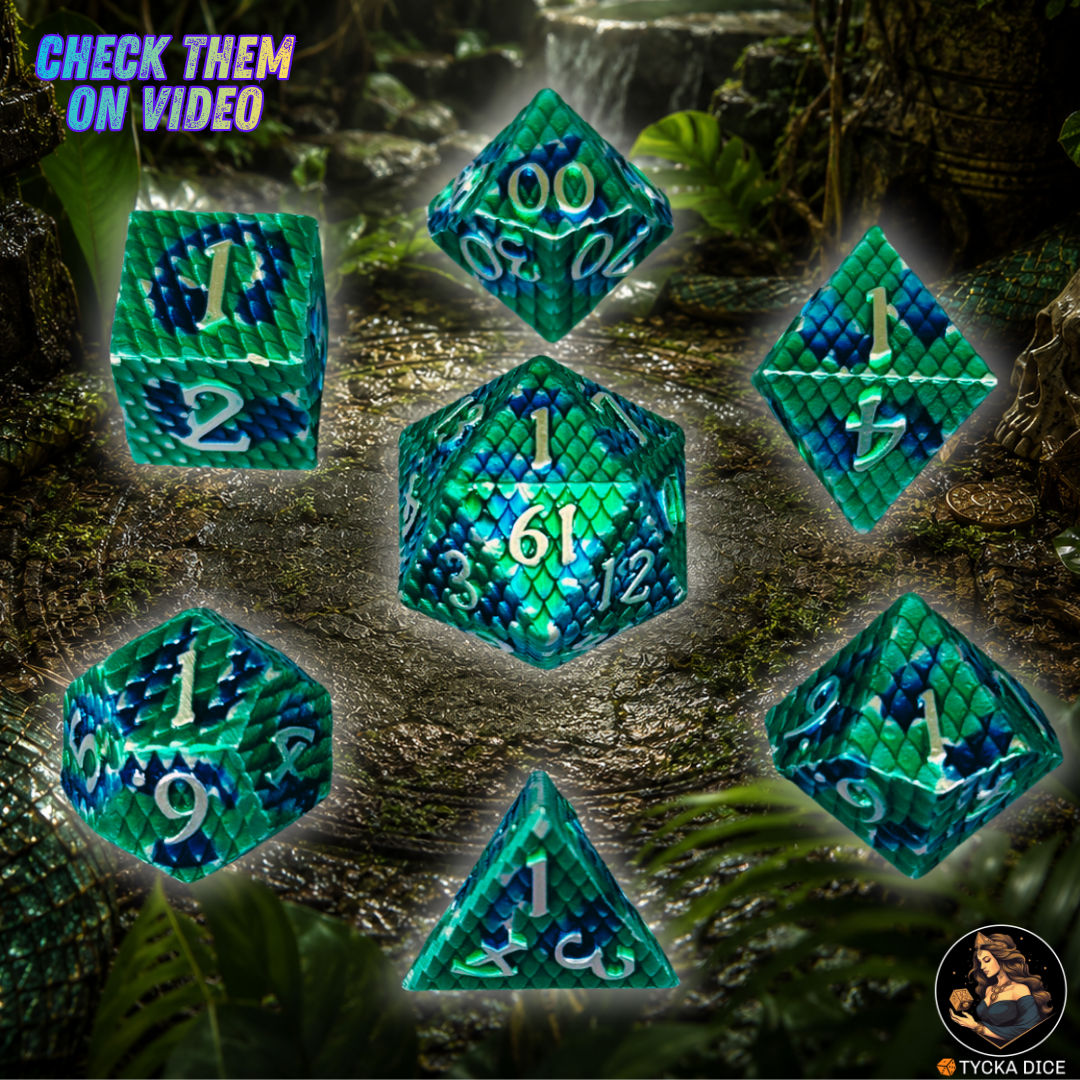 Forged Metal Dice - Naiad Dragon Scales RPG Dice Set - Detail | TYCKA DICE