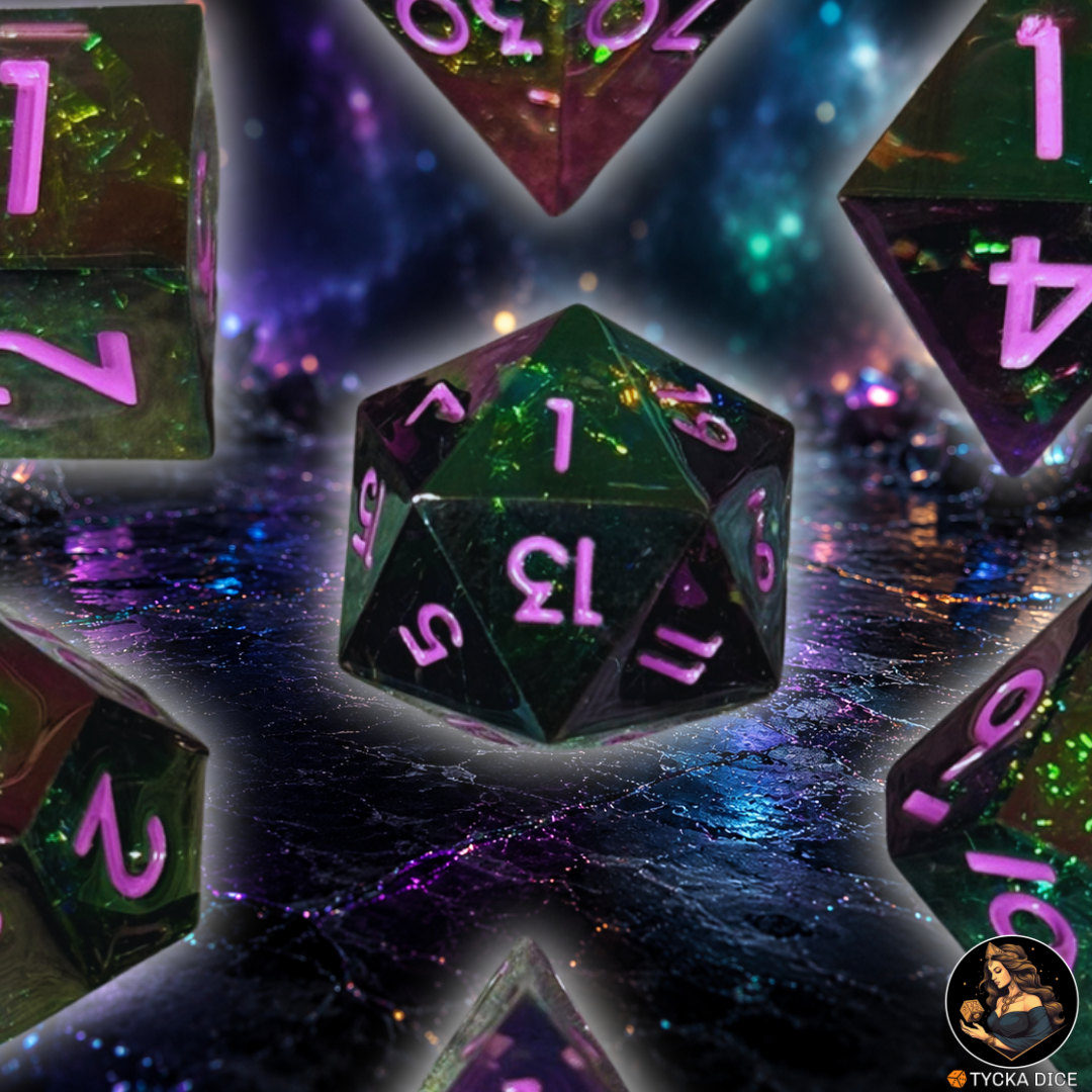 Liquid Core Dice - Nyx Shimmer RPG Dice Set - Detail | TYCKA DICE
