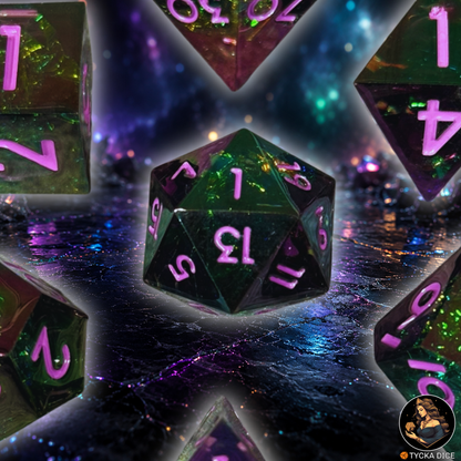 Liquid Core Dice - Nyx Shimmer RPG Dice Set - Detail | TYCKA DICE