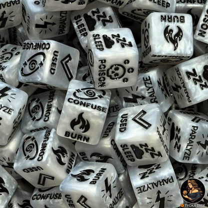 Pokemon TCG Status Dice — macro view of status condition faces (Burn, Poison, Sleep, Paralyze, Confuse, Used)