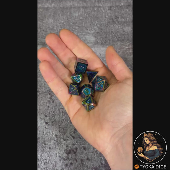 Forged Metal Dice - Nereid Framed RPG Dice Set - Product Video | TYCKA DICE