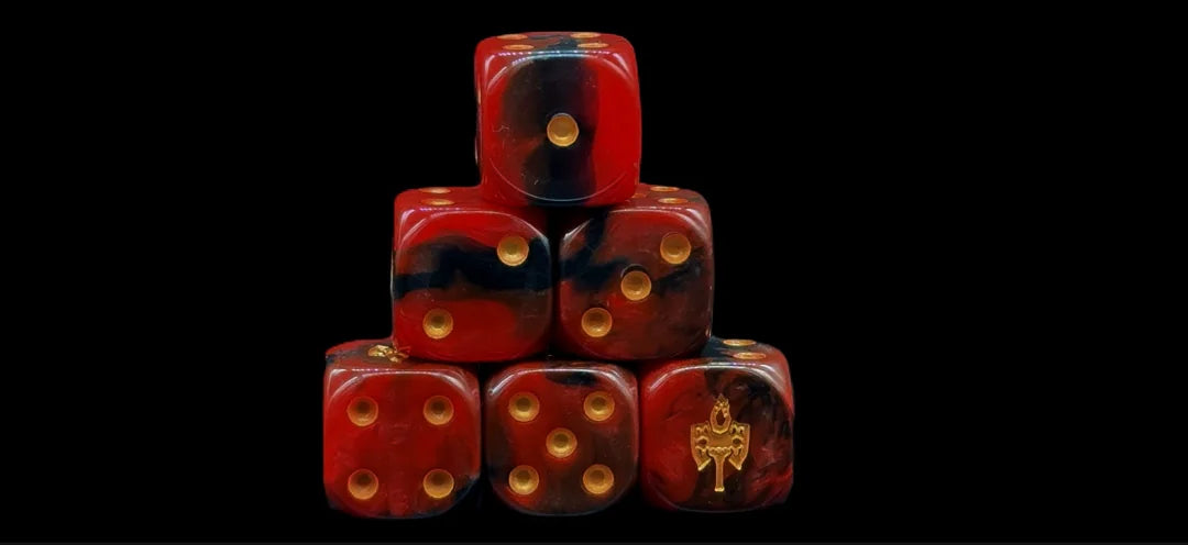 Video preview of Ashen Axes dice – red and black pearlescent resin