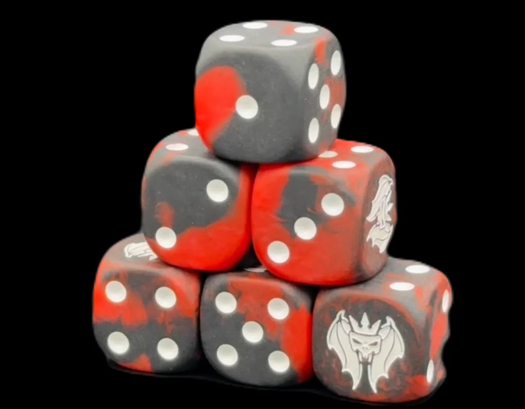 Video preview – matte dark red and black resin dice with white engravings