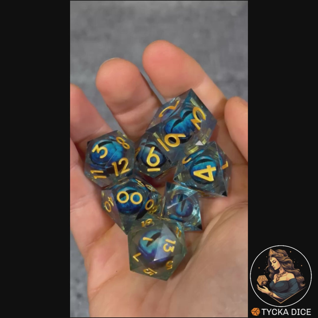 Liquid Core Dice - Sapphire Eye of the Dragon RPG Dice Set - Product Video | TYCKA DICE