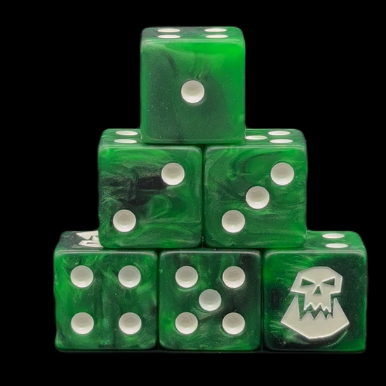 Video preview – squared green and black resin dice – orc theme