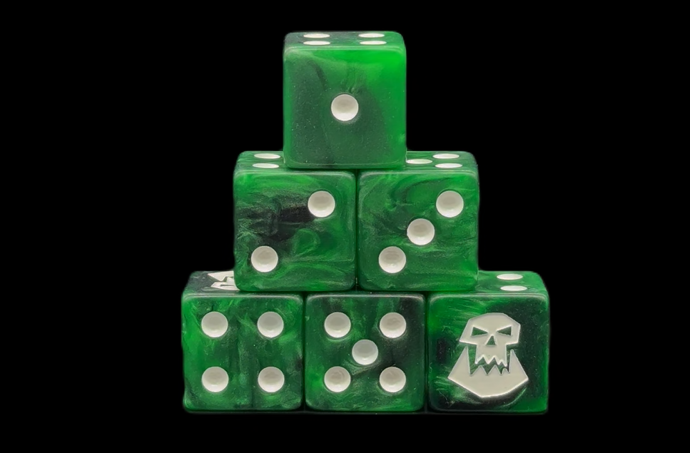 Video preview – squared green and black resin dice – orc theme