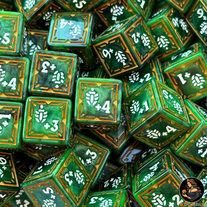 Riftbound TCG buff dice — green marbled resin with gold frame, faces +1 to +6