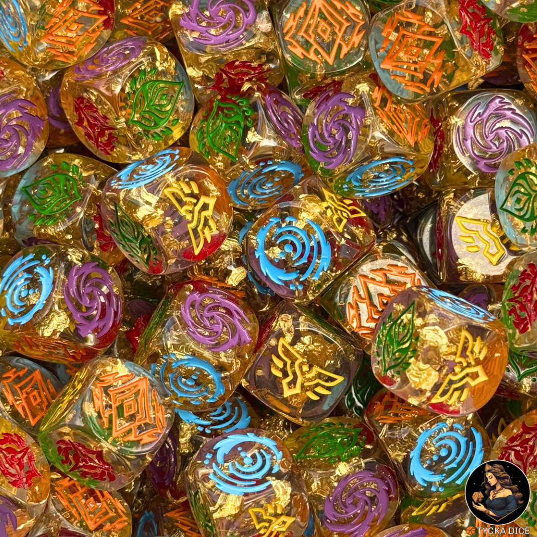 Riftbound TCG Domain dice — clear resin with real gold leaf interior, 6 Domain symbols