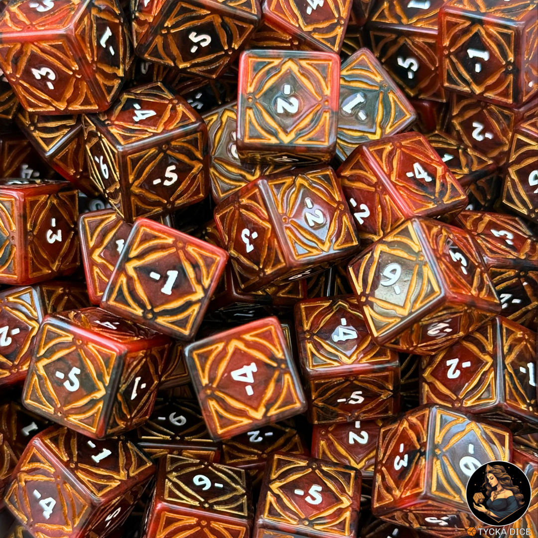 Riftbound TCG generic debuff dice — orange marbled resin with gold frame, faces -1 to -6