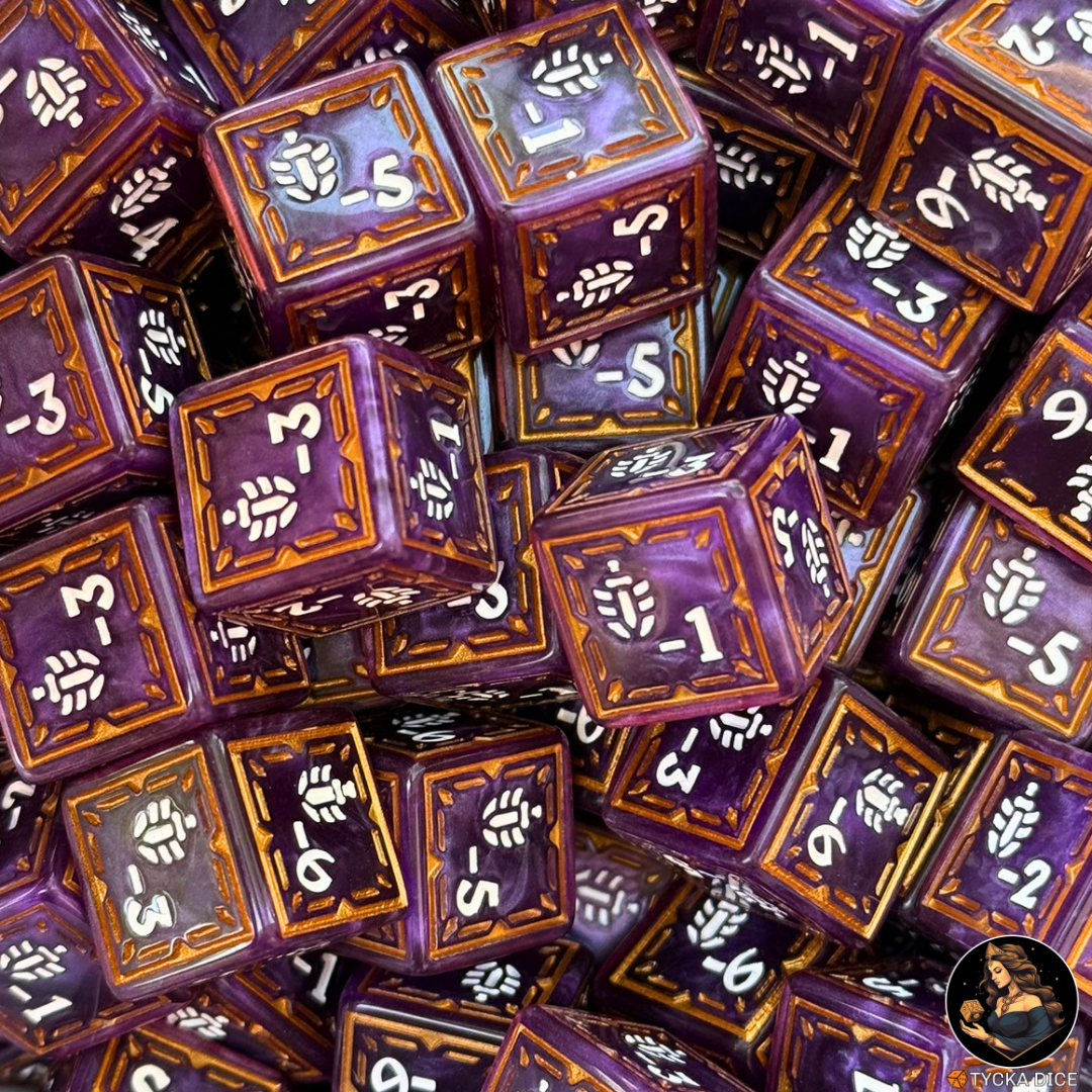 Riftbound TCG Might debuff dice — purple marbled resin with gold frame, faces -1 to -6