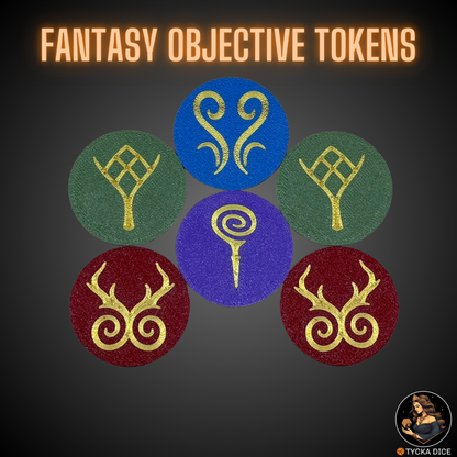 TOP shot of fantasy-themed 40mm objective tokens with matte finish and gold emblems