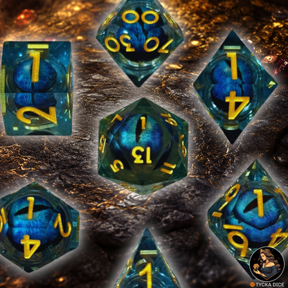 Liquid Core Dice - Sapphire Eye of the Dragon RPG Dice Set - Detail | TYCKA DICE