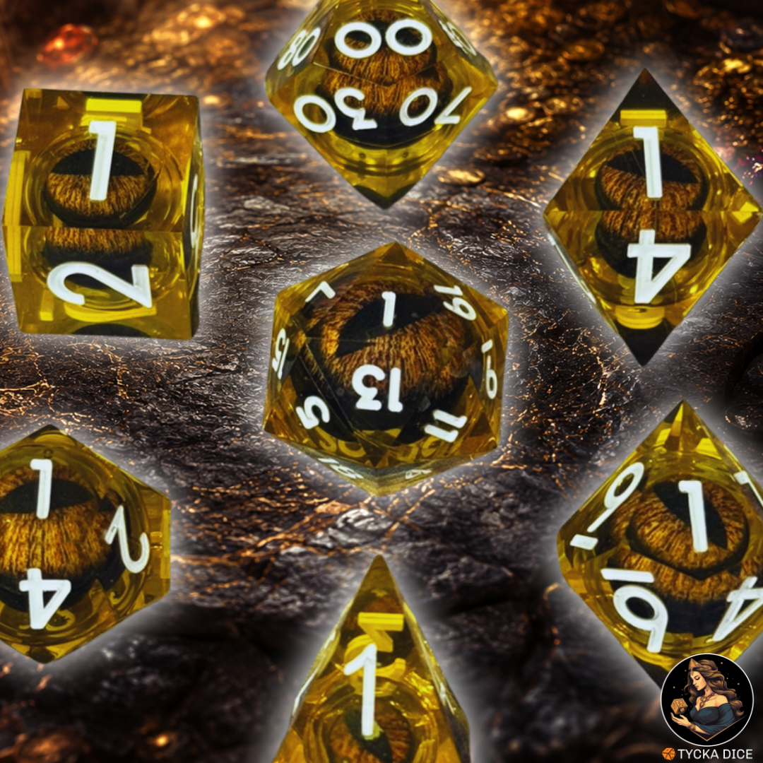 Liquid Core Dice - Soleil Eye of the Dragon RPG Dice Set - Detail | TYCKA DICE