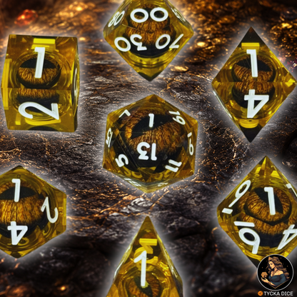 Liquid Core Dice - Soleil Eye of the Dragon RPG Dice Set - Detail | TYCKA DICE